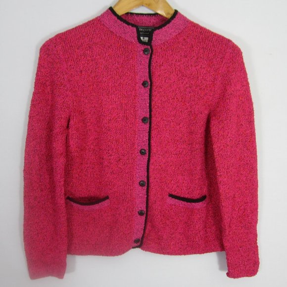 South Cotton Womens Small Pink Black Hand Loomed Long Sleeve Cardigan Bolivia - Picture 9 of 9